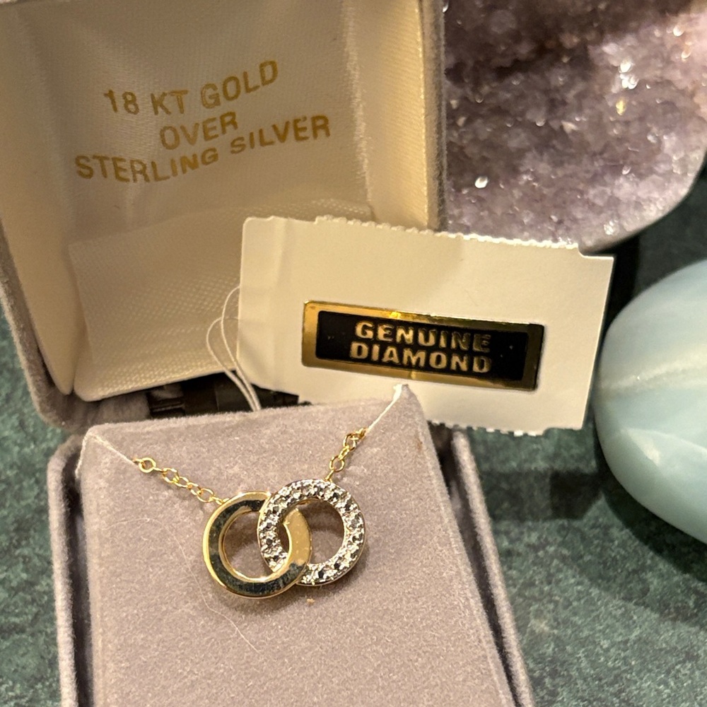 18k gold plated silver & diamond linked rings necklace